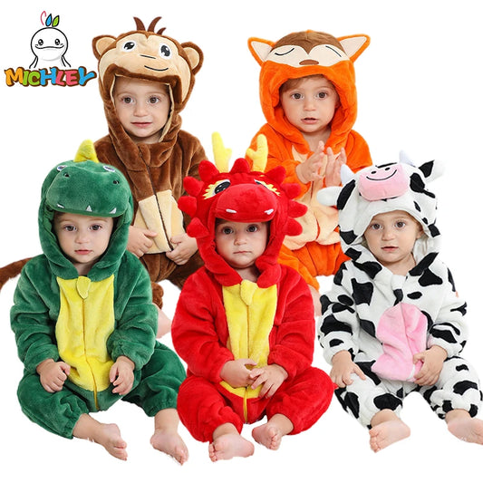 MICHLEY Karneval Dinosaurier Baby Strampler – Warmer Flanell Overall mit Kapuze für Kleinkinder – Perfekt als Kostüm für Kinder Von 18-36 Monaten