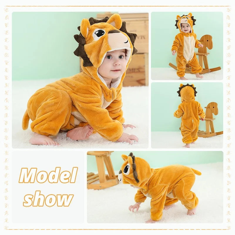 MICHLEY Karneval Dinosaurier Baby Strampler – Warmer Flanell Overall mit Kapuze für Kleinkinder – Perfekt als Kostüm für Kinder Von 18-36 Monaten