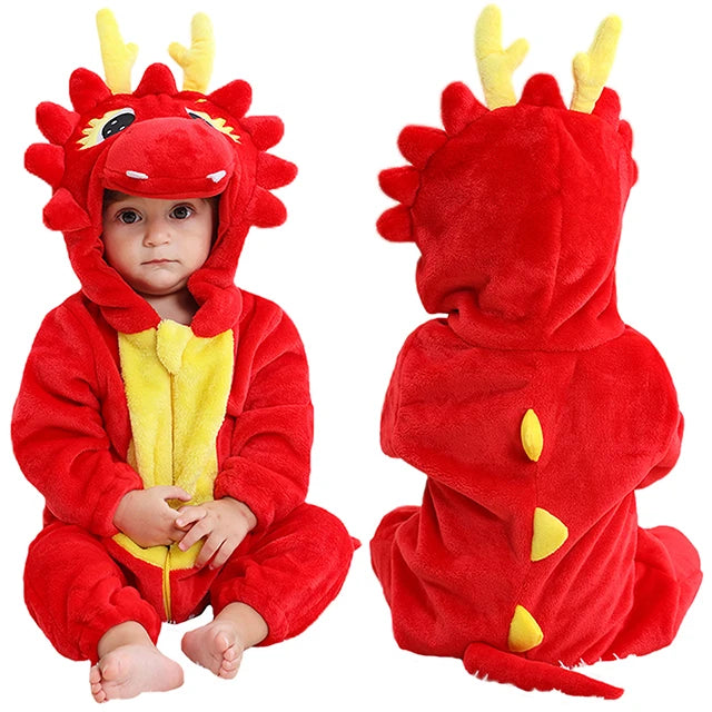 MICHLEY Karneval Dinosaurier Baby Strampler – Warmer Flanell Overall mit Kapuze für Kleinkinder – Perfekt als Kostüm für Kinder Von 18-36 Monaten