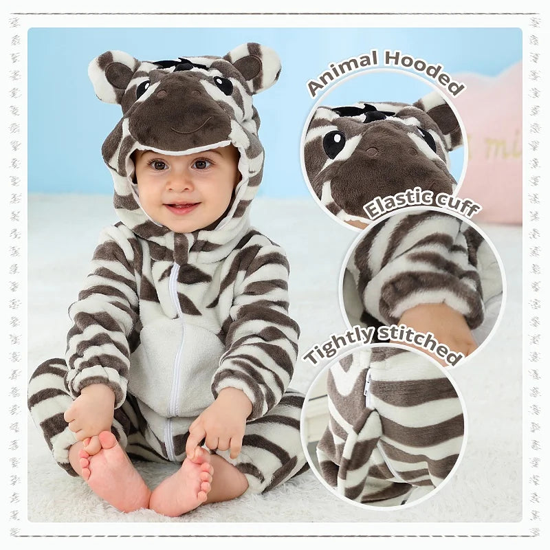 MICHLEY Karneval Dinosaurier Baby Strampler – Warmer Flanell Overall mit Kapuze für Kleinkinder – Perfekt als Kostüm für Kinder Von 18-36 Monaten