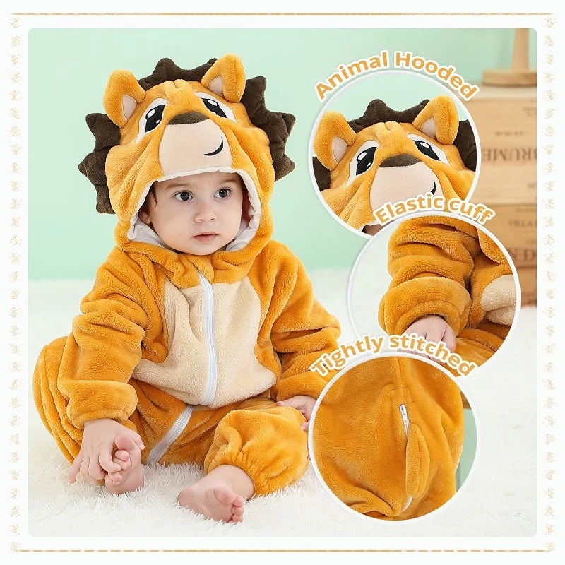 MICHLEY Karneval Dinosaurier Baby Strampler – Warmer Flanell Overall mit Kapuze für Kleinkinder – Perfekt als Kostüm für Kinder Von 18-36 Monaten