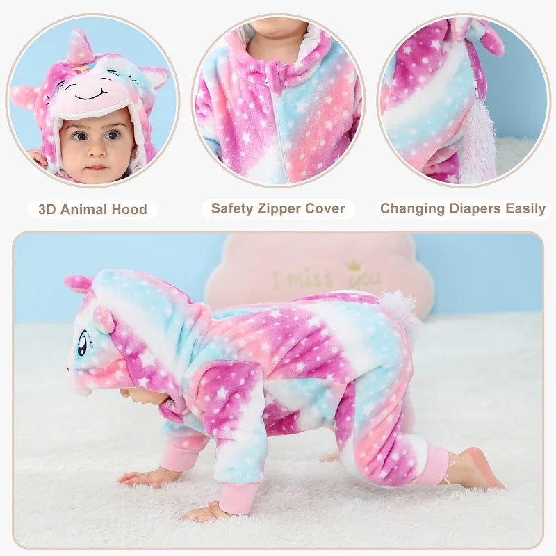 MICHLEY Karneval Dinosaurier Baby Strampler – Warmer Flanell Overall mit Kapuze für Kleinkinder – Perfekt als Kostüm für Kinder von 0-18 Monate