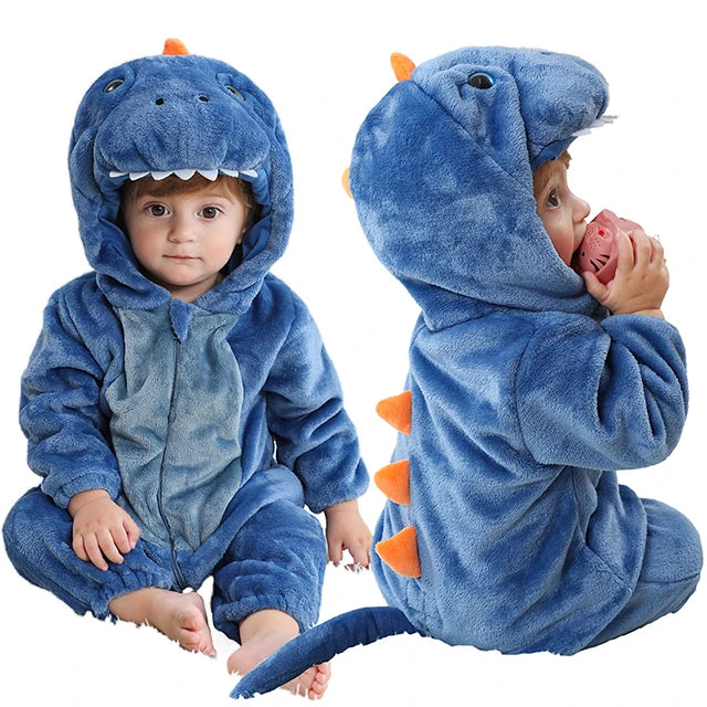 MICHLEY Karneval Dinosaurier Baby Strampler – Warmer Flanell Overall mit Kapuze für Kleinkinder – Perfekt als Kostüm für Kinder Von 18-36 Monaten