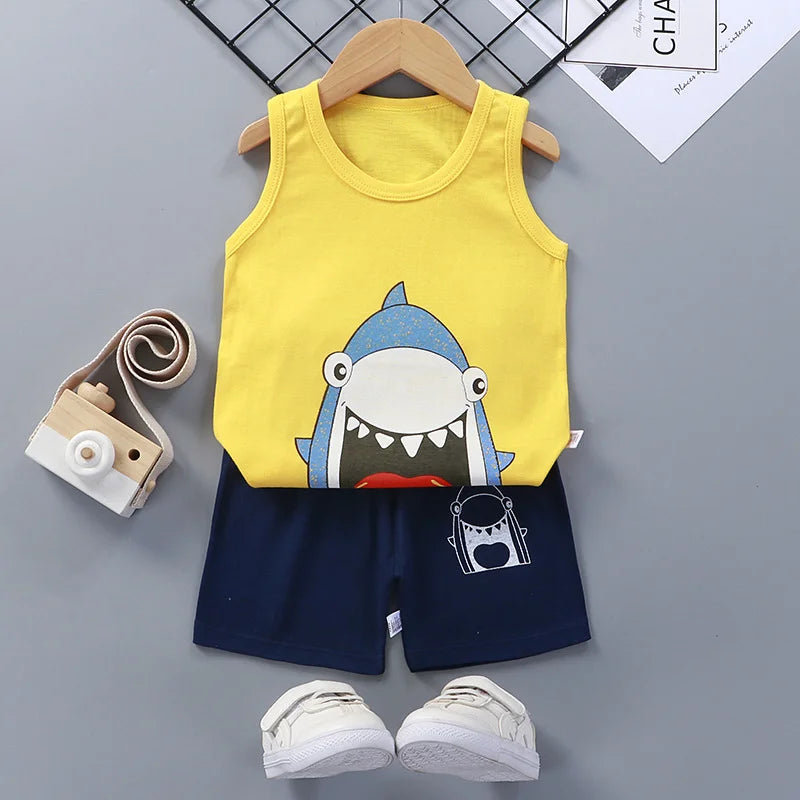 Sommer Kinder Set – Baumwoll T-Shirt, Weste, Shorts & Tank Top für Jungen und Mädchen – Bequemes Outfit für heiße Tage