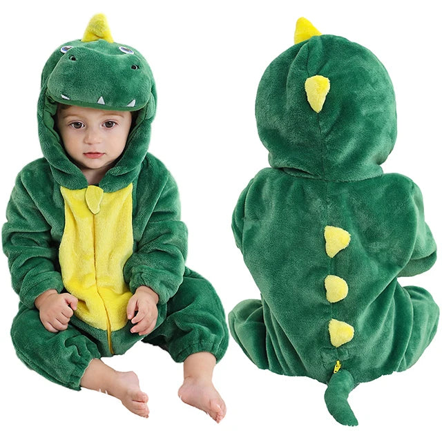 MICHLEY Karneval Dinosaurier Baby Strampler – Warmer Flanell Overall mit Kapuze für Kleinkinder – Perfekt als Kostüm für Kinder Von 18-36 Monaten