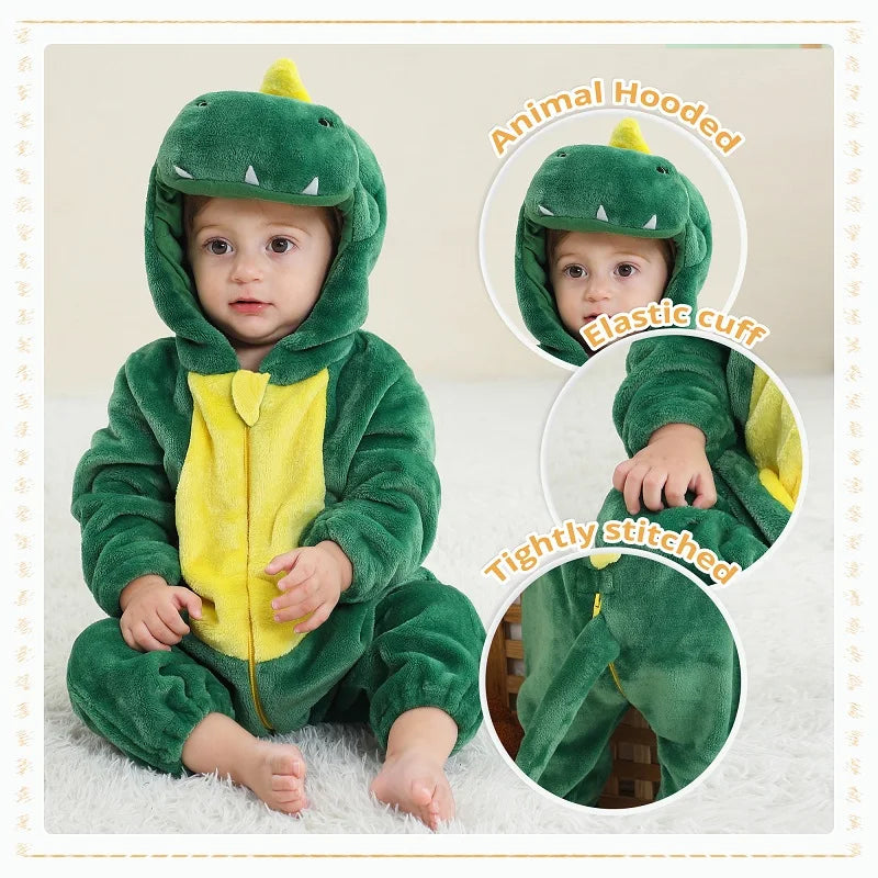 MICHLEY Karneval Dinosaurier Baby Strampler – Warmer Flanell Overall mit Kapuze für Kleinkinder – Perfekt als Kostüm für Kinder Von 18-36 Monaten