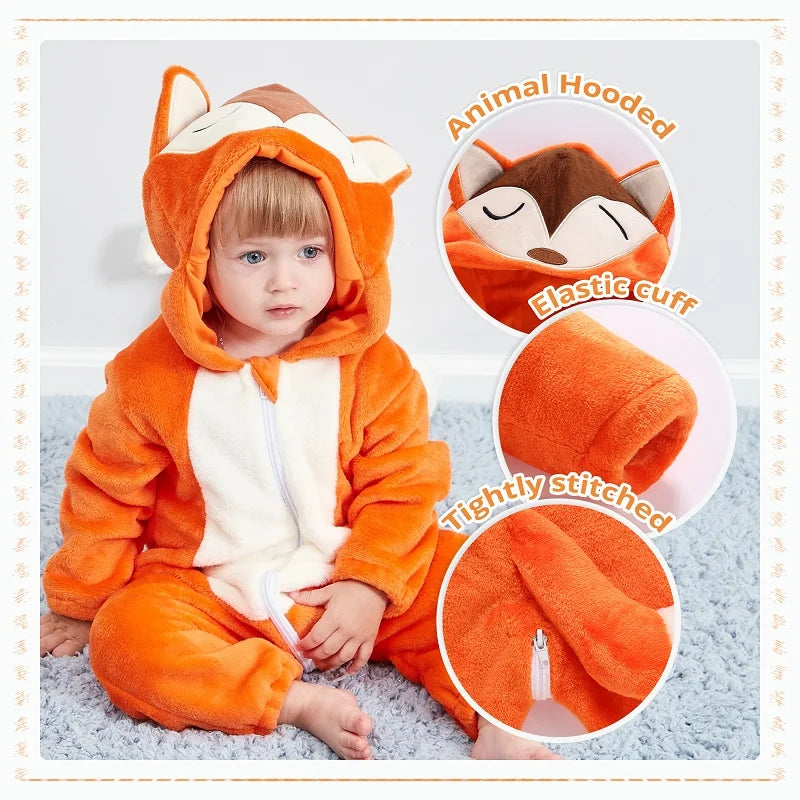 MICHLEY Karneval Dinosaurier Baby Strampler – Warmer Flanell Overall mit Kapuze für Kleinkinder – Perfekt als Kostüm für Kinder Von 18-36 Monaten